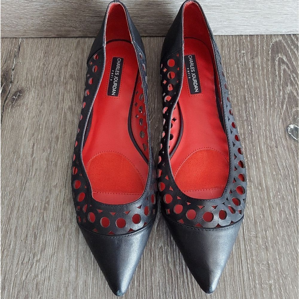 Charles Jourdan Paris Flats Irisa Pointed Toe Black Leather Laser Cut Size 9